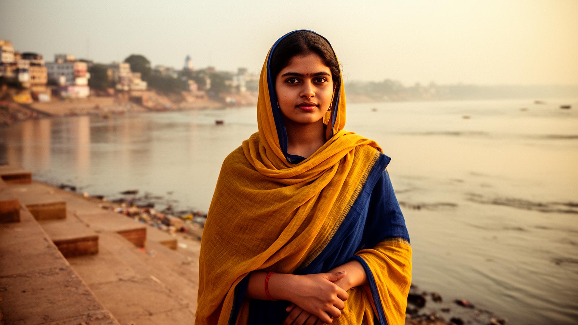 A young woman on the Ganges ghats at dawn